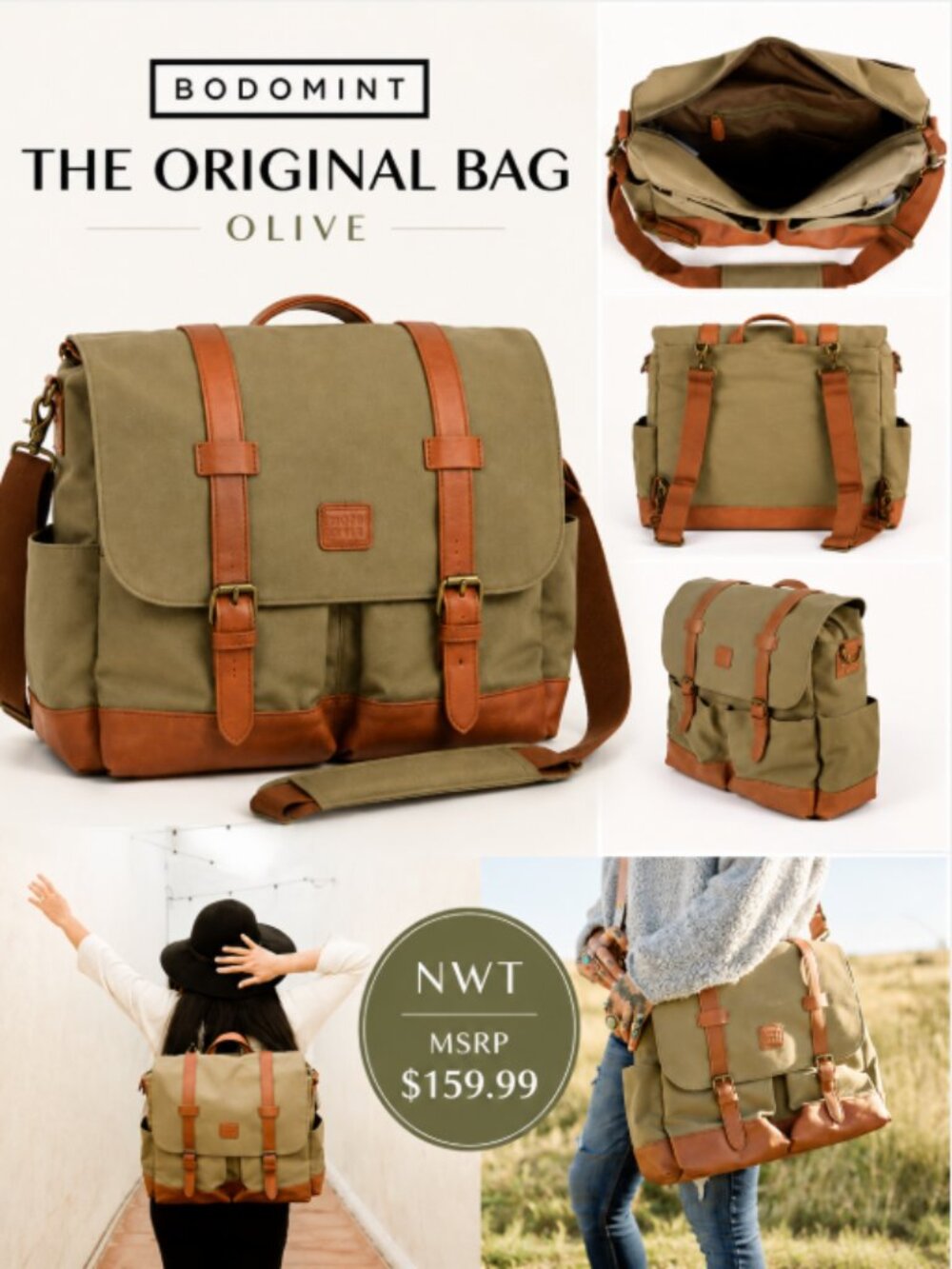 Bodomint Original Bag Olive Convertible Messenger Backpack NWT